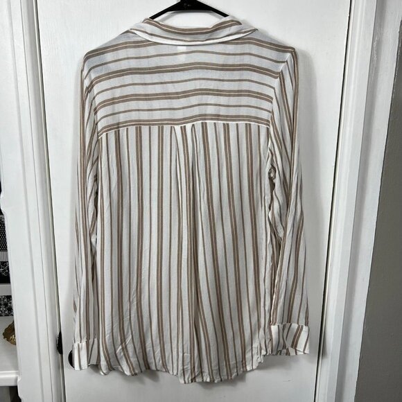Nordstrom BP Tan & White Striped Button-Up Shirt | Long Sleeve Hi-Low Hem Size L - Picture 9 of 10